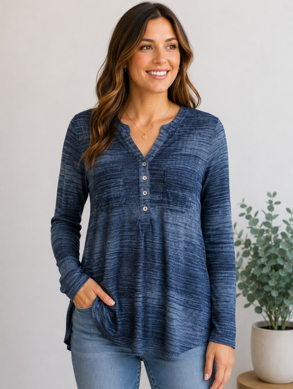 MyStyle  Faux Blue Jean Blouse Stretch Blue Tones S